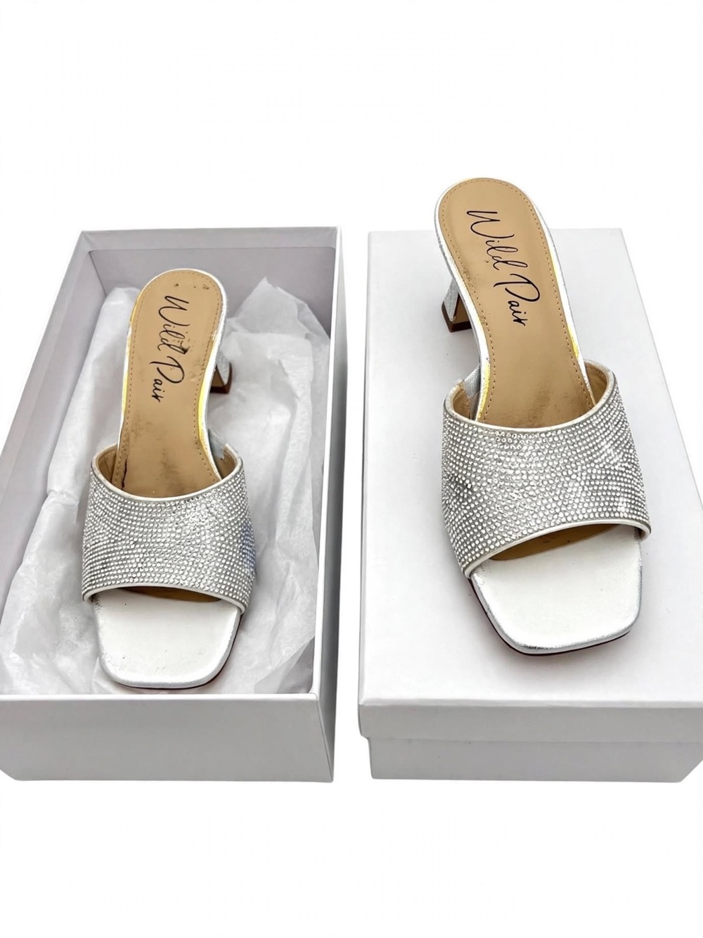 Wild Pair Silver Jeweled Mules 6M RASHELEF - Rhinestone Slip On Heel
